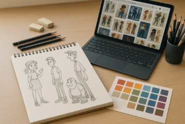 A workspace with a sketchbook showing pencil drawings of four cartoon characters, a laptop displaying character references, a set of colored pencils in a cup, two erasers, three graphite pencils, and a color palette card with various swatches.