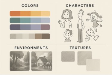 Three rows of color swatches in earthy and muted tones, four hand-drawn cartoon characters including two adults and two children, two grayscale environment sketches of a forest and a house, and two textured squares in neutral shades.
