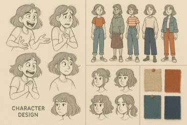A character design sheet featuring a young woman with shoulder-length hair, shown in various hand-drawn expressions such as excitement, worry, and happiness. The sheet includes four full-body colored outfit variations, multiple head sketches displaying different emotions, and four fabric swatches in beige, rust, blue, and navy.