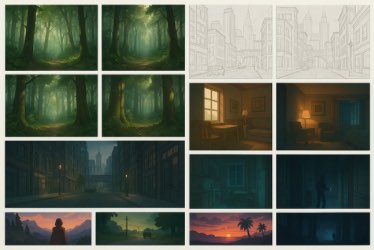 A collection of illustrated scene thumbnails arranged in a grid, featuring misty forest landscapes, city street sketches in both pencil and color, warmly lit interior rooms, and sunset or nighttime outdoor scenes with silhouetted figures and palm trees. Each scene uses distinct lighting and color palettes to convey different moods.