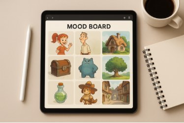 A digital mood board displayed on a tablet, featuring nine illustrated squares: a smiling girl, a man in a collared shirt, a cottage, a treasure chest, a blue creature, a large tree, a potion bottle, a character in a hat and cloak, and a village street. The tablet is on a desk with a stylus, spiral notebook, and a cup of coffee.