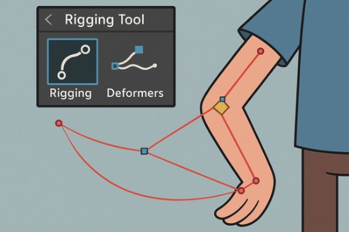 A digital illustration showing a cartoon character’s arm with visible rigging controls. Red lines and control points indicate the arm’s movement path. In the top left corner, a software interface labeled "Rigging Tool" displays two options: "Rigging" (selected) and "Deformers," each with corresponding icons. The arm is bent at the elbow, demonstrating how the rigging tool manipulates the limb.