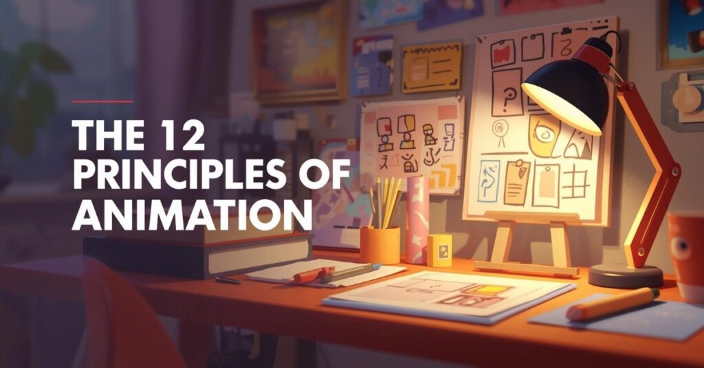 A cozy, well-lit artist’s desk with sketchbooks, pencils, and animation storyboards under a desk lamp. On the left, bold white text reads: "The 12 Principles of Animation." The workspace is colorful and creative, suggesting an environment for animation design.