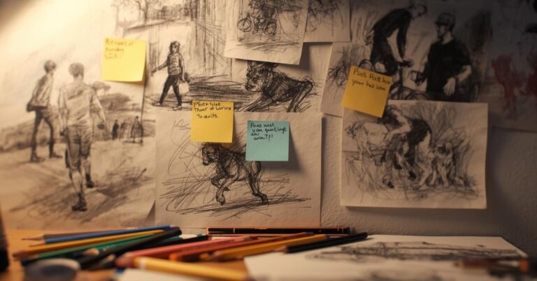 A collection of black-and-white sketches depicting people and dogs is pinned to a wall, each drawing accented with colorful sticky notes containing handwritten reminders. Colored pencils and pens are scattered across the desk below the sketches, creating a creative and artistic workspace atmosphere.