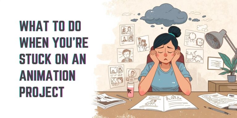 A frustrated woman sits at a desk cluttered with animation sketches and papers, resting her head in her hands with a gloomy cloud above her. Behind her, storyboard drawings are pinned to the wall. To the left, bold text reads: "What to do when you're stuck on an animation project."