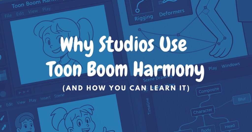 A blue-tinted graphic featuring cartoon character sketches and animation software interface elements in the background. Bold white text in the center reads: "Why Studios Use Toon Boom Harmony," with smaller text below stating, "(And How You Can Learn It)."