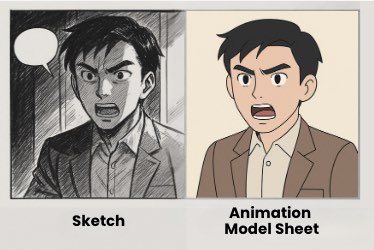 A side-by-side comparison of two illustrations of the same character. On the left, a black-and-white manga-style sketch shows a man in a suit with a surprised or intense expression, featuring dramatic shading and a speech bubble. On the right, a clean, colored animation model sheet of the same man displays a similar expression, but with simplified lines, flat colors, and no shading. The left image is labeled "SKETCH" and the right image is labeled "ANIMATION MODEL SHEET."
