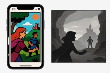 A colorful illustration on the left shows two cartoon characters, a woman and a man, walking outdoors with a castle in the background, displayed on a smartphone screen. On the right, a grayscale image depicts the silhouette of a woman entering a cave, facing a man standing in the distance with a castle visible outside.