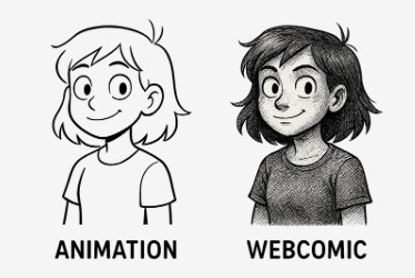 Two black-and-white drawings of the same girl are shown side by side. The left drawing, labeled "ANIMATION," features a simple, clean line art style with minimal shading and detail. The right drawing, labeled "WEBCOMIC," shows a more detailed and textured style, with cross-hatching and shading giving the character a more realistic and expressive appearance.
