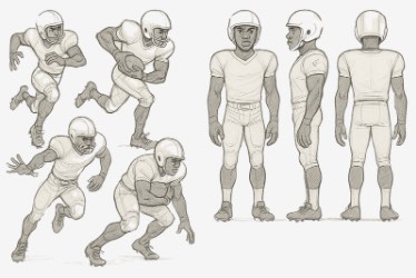 A pencil sketch sheet of a football player wearing a helmet and uniform. On the left, the player is shown in various action poses such as running, carrying the ball, and preparing to tackle. On the right, the player is displayed in a model sheet with front, side, and back views, standing upright to show details of the uniform and equipment from multiple angles.
