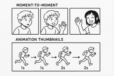 Three comic panels at the top show a boy looking surprised, then waving, followed by a girl waving back, labeled "Moment-to-Moment." Below, a sequence of four small drawings shows a boy running, with arrows and time labels indicating the progression of his movement, labeled "Animation Thumbnails."