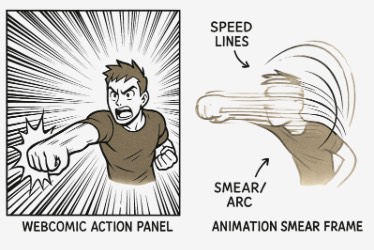 A side-by-side comparison of two drawing styles depicting a character punching. On the left, a webcomic action panel shows a boy with spiky hair throwing a punch toward the viewer, surrounded by dramatic speed lines radiating from his fist. On the right, an animation smear frame illustrates the same punch with blurred, overlapping outlines of the arm and head to convey motion, labeled with arrows pointing to "speed lines" and "smear/arc."
