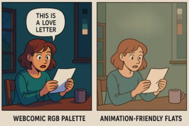 A side-by-side comparison of two illustrations of a woman reading a letter at a table. NOn the left, the scene uses a vibrant webcomic RGB palette with deep blues and saturated colors, and the woman looks surprised as she reads a letter that says, "This is a love letter." On the right, the same scene is rendered in muted, animation-friendly flat colors, and the woman appears more neutral as she reads a letter with a speech bubble that says, "Animation-friendly flats." Both images include a mug on the table and a window in the background. The left image is labeled "Webcomic RGB Palette" and the right image is labeled "Animation-Friendly Flats."
