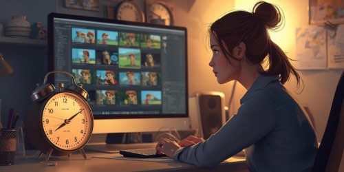 A frustrated woman sits at a desk cluttered with animation sketches and papers, resting her head in her hands with a gloomy cloud above her. Behind her, storyboard drawings are pinned to the wall. To the left, bold text reads: "What to do when you're stuck on an animation project."