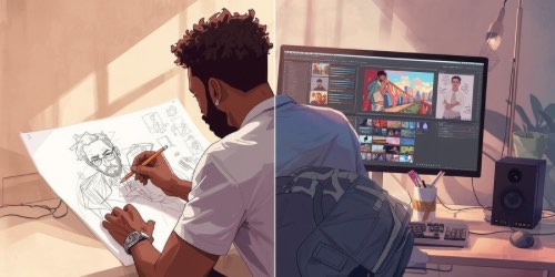 A man with curly hair and a beard is shown in two scenes: on the left, he sketches a portrait on a large sheet of paper at a sunlit desk; on the right, he sits at a computer editing colorful digital artwork on a large monitor in a modern workspace with creative tools and decor.