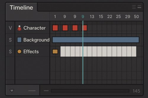A digital animation timeline interface displaying three layers: Character, Background, and Effects. The Character layer has five red keyframes at the beginning. The Background layer features a continuous blue bar spanning the timeline. The Effects layer shows a yellow keyframe followed by a series of white blocks. A vertical blue line marks frame 9. The timeline is labeled with frame numbers across the top.