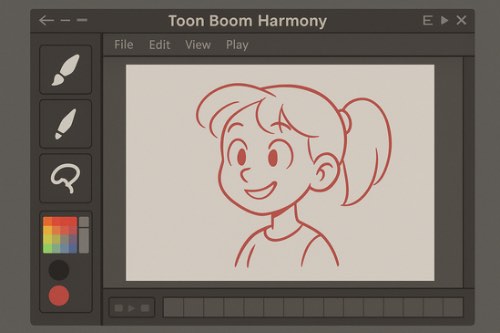 A screenshot of the Toon Boom Harmony animation software interface bdisplaying a simple red line drawing of a smiling cartoon girl with a ponytail. The left sidebar shows tool icons for a brush, pencil, speech bubble, and a color palette. The top menu bar includes options for File, Edit, View, and Play. The bottom of the interface features an empty timeline.