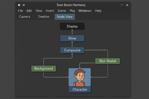 A screenshot of the Toon Boom Harmony software showing the Node View panel. The node structure displays a flowchart with the following nodes: "Display" at the top, connected downward to "Glow," then to "Composite." The "Composite" node branches out to "Background" on the left and "Blur-Radial" on the right, both of which connect to a central "Character" node at the bottom, illustrated with a cartoon character. The interface includes standard menu options at the top.