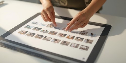 A person’s hands arranging or pointing at a printed sheet with multiple small images or thumbnails, possibly organizing a storyboard or photo selection on a desk.