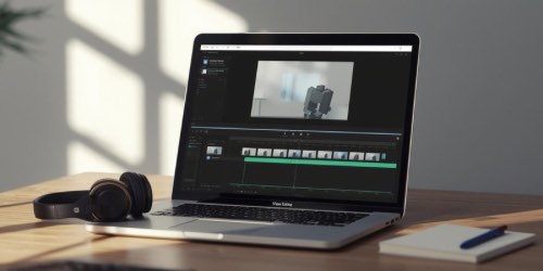 A laptop on a wooden desk displaying video editing software, with a pair of black headphones and a closed notebook with a pen nearby. Sunlight casts shadows on the wall in the background.