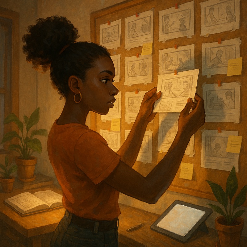 Woman reviewing storyboards on a corkboard under warm light in a cozy studio.