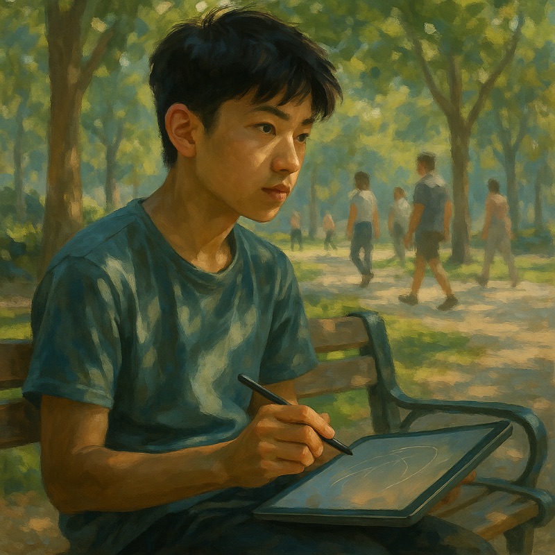 Teen boy sketching on a digital tablet while sitting on a park bench.