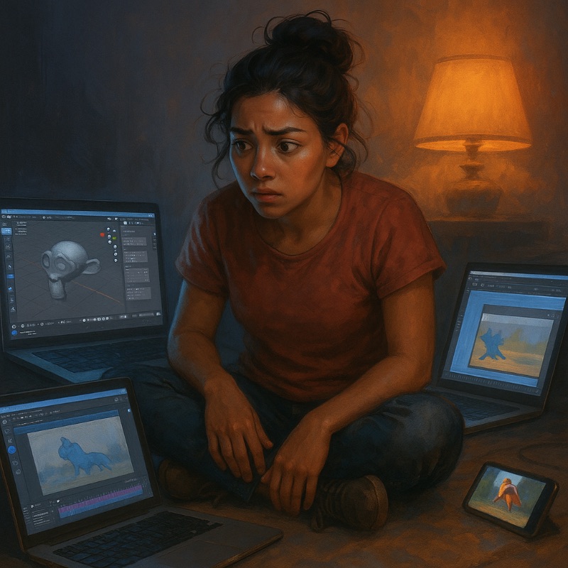 Young woman surrounded by laptops, working late on 3D animation.