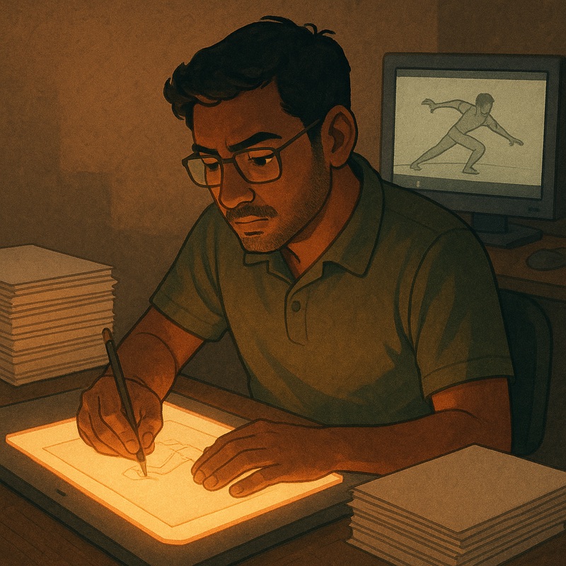 Man drawing on a glowing animation light table beside stacked papers.