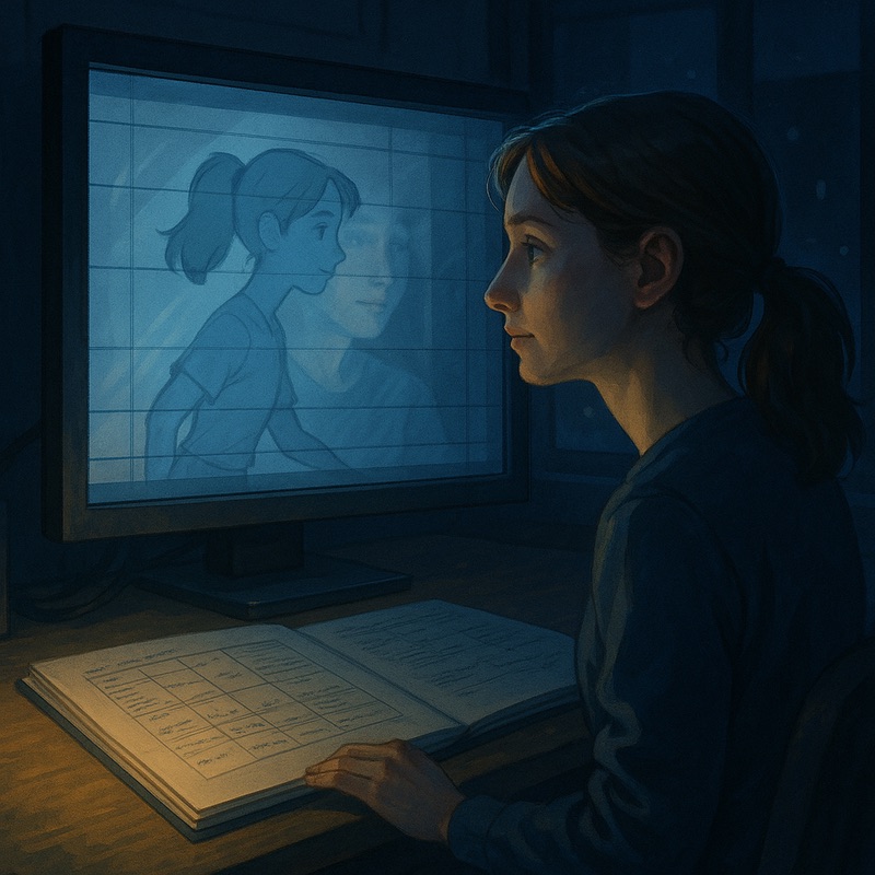 Woman studying an animation on her computer late at night.