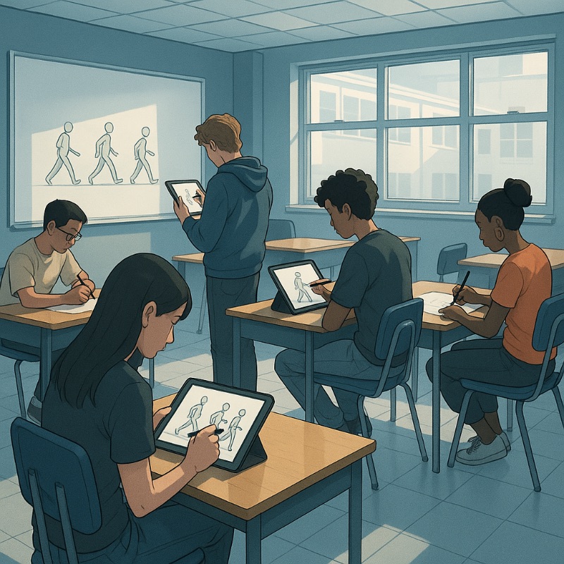 A classroom of animation students practicing on tablets, sketching walk cycles on screens while sunlight fills the room through wide windows.