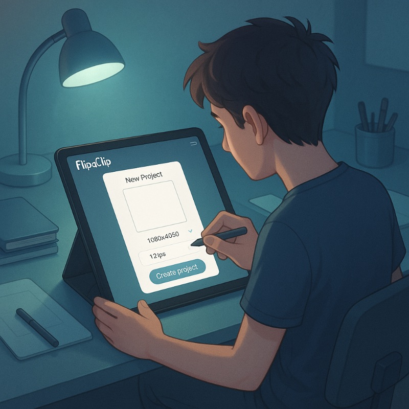 A beginner animator setting up a new project in FlipaClip on a tablet, selecting a 1080×1080 canvas at 12 frames per second in a softly lit, modern workspace.