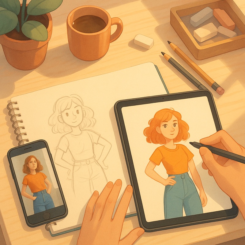 A warm stylized illustration of an artist’s desk showing a phone, sketchbook, and tablet. A character design evolves from doodle to polished drawing as the artist works with a stylus, surrounded by pencils, erasers, and a cup of coffee.