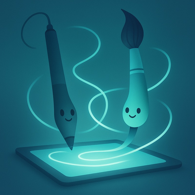 A glowing digital pen and paintbrush with smiling faces drawing light trails on a tablet, representing creativity and friendly digital tools.