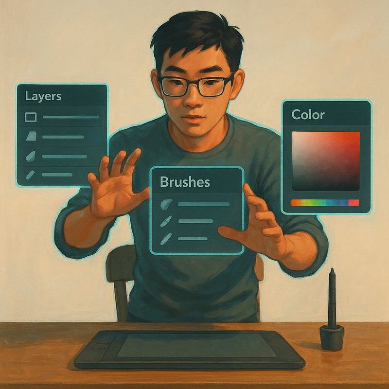 An Asian male artist interacts with floating Krita panels labeled Layers, Brushes, and Color, shown in a calm, stylized-realism workspace