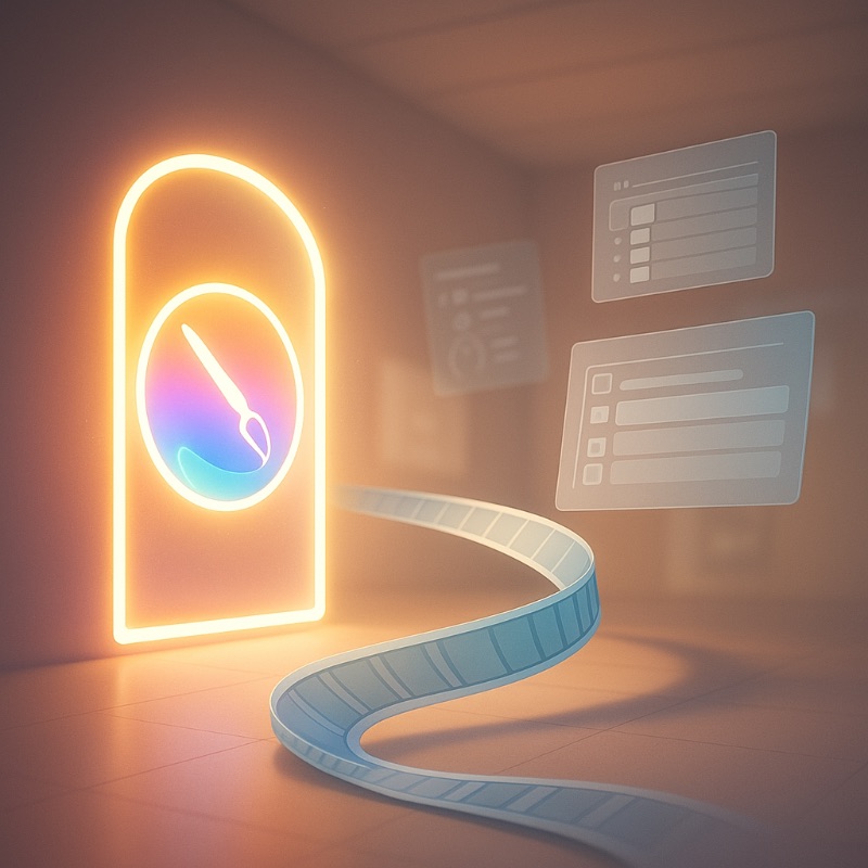 Glowing Krita logo forming a doorway with a floating blue timeline ribbon extending into the scene, surrounded by soft interface panels in warm studio lighting.