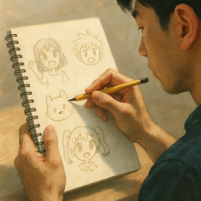 Stylized scene of a man sketching expressive cartoon faces in a spiral sketchbook with a pencil. His hand and focused expression are visible as he refines the doodles under soft studio light.