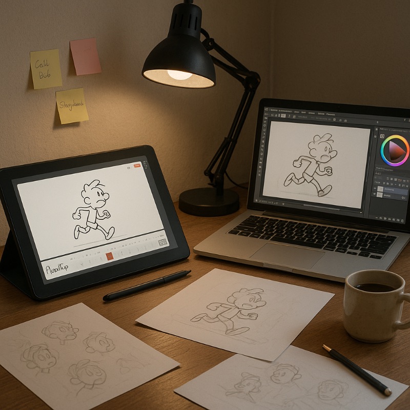 A cozy animation workspace with a tablet and laptop showing a cartoon character running, surrounded by sketches, pencils, and warm lamp light.