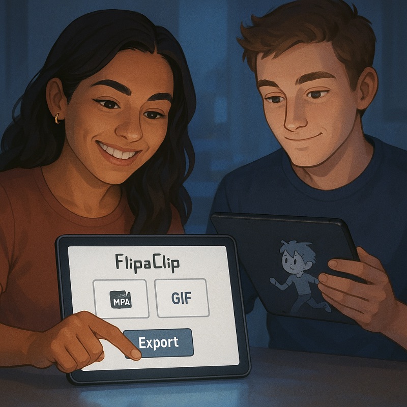 Two young animators smiling as they export a finished animation from FlipaClip, choosing between MP4 and GIF formats on their tablets.