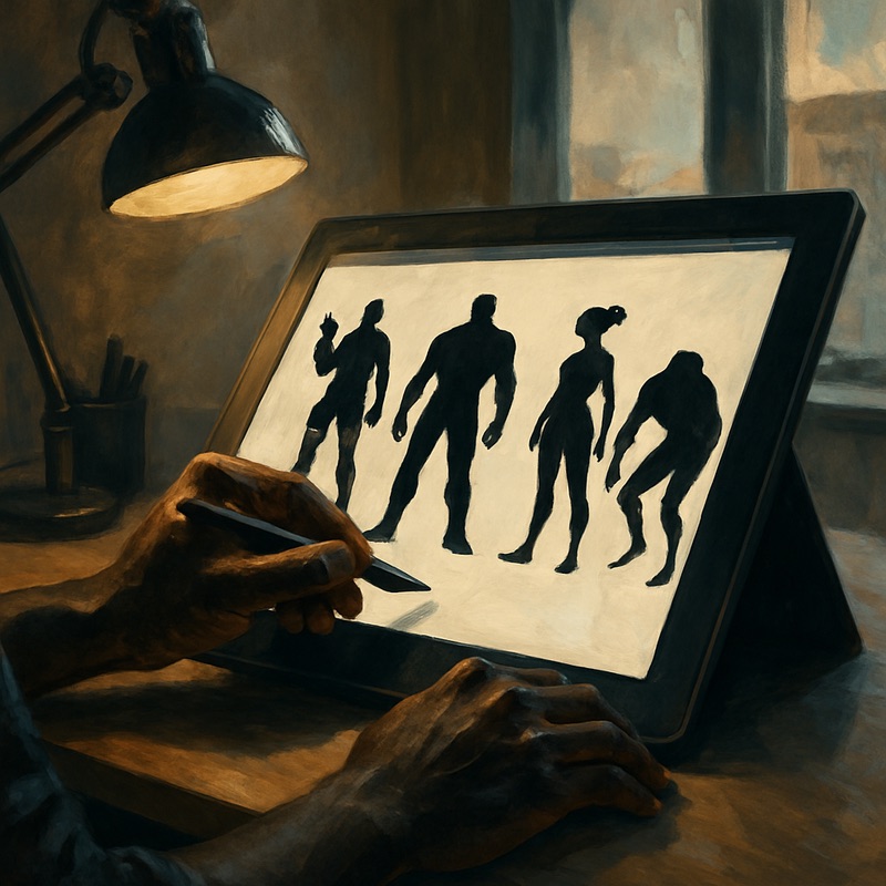 A stylized depiction of a dark-skinned artist drawing strong character silhouettes on a digital tablet angled toward him. A desk lamp casts warm light over the workspace.