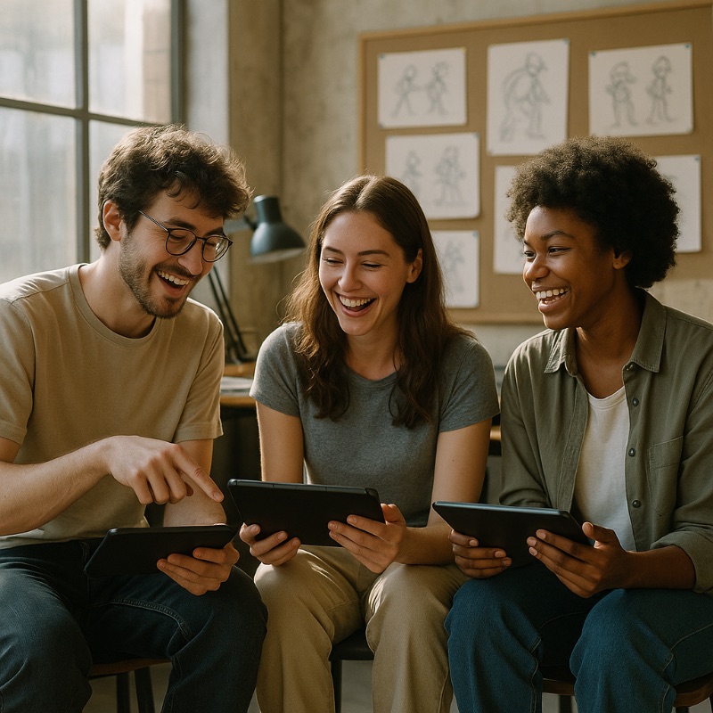 Three young adults laughing together while reviewing animation loops on tablets in a bright studio with sketches pinned on the wall.