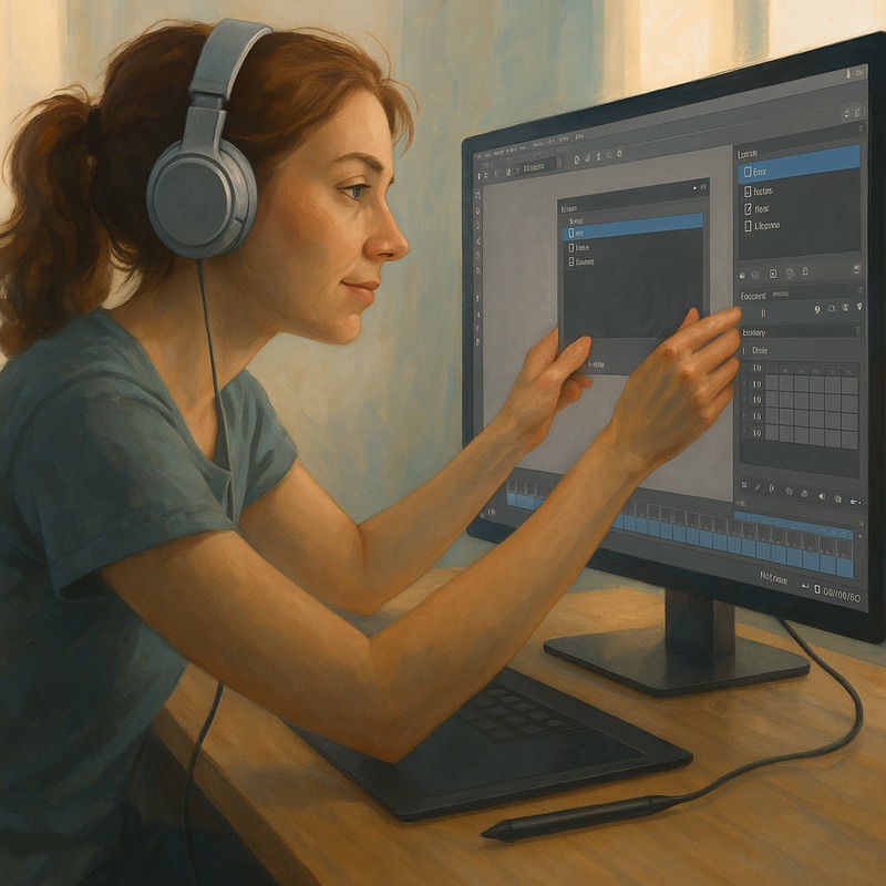 White woman animator wearing headphones, rearranging Krita panels on a large monitor with a stylus on desk beside her, bright natural light from window.