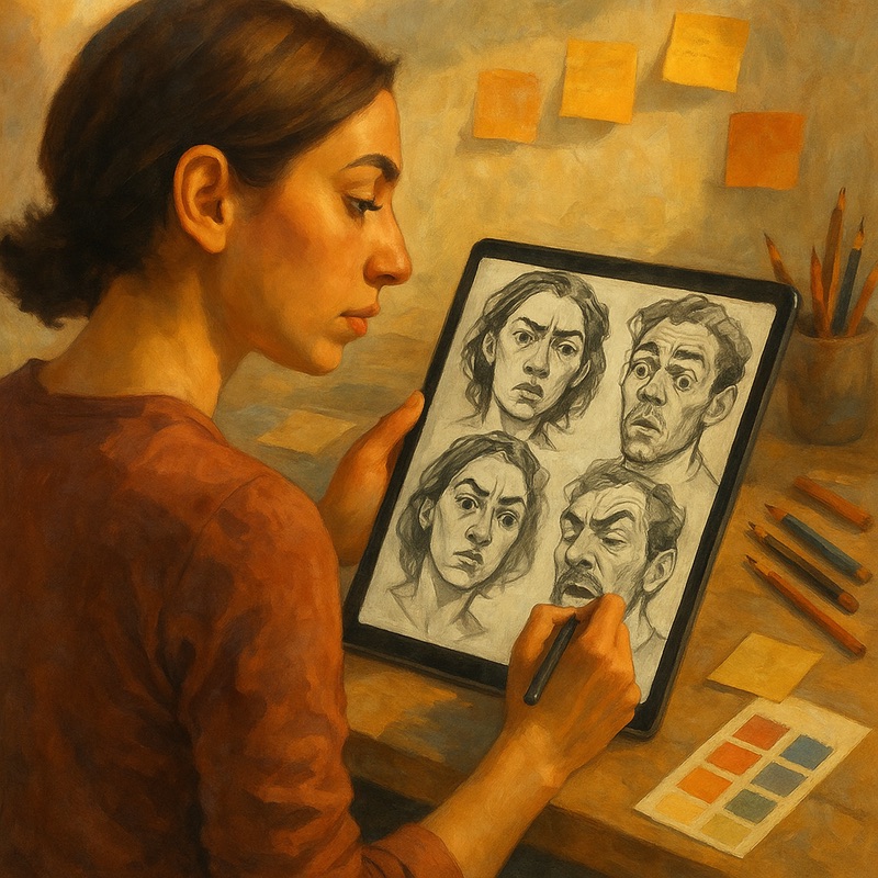A stylized realistic image of a woman sketching expressive character faces on her digital tablet. Sticky notes, pencils, and color swatches surround her as she studies emotion and detail.
