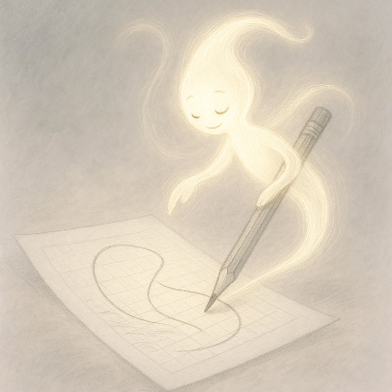 A soft glowing spirit made of light sketching a flowing line with a pencil on paper, symbolizing creativity and artistic inspiration.