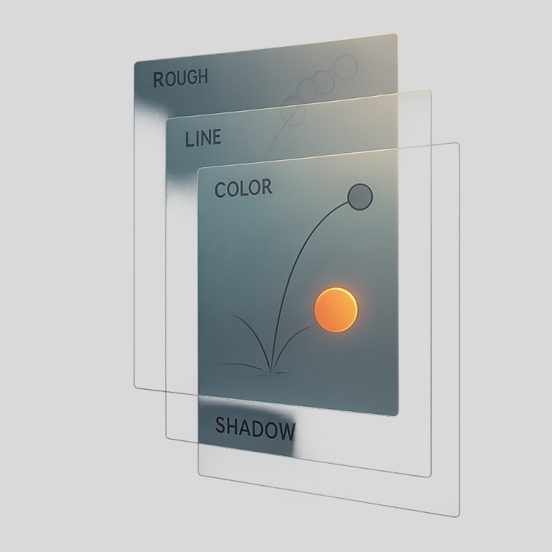 Three translucent animation layers labeled Rough, Line, Color, and Shadow stacked in space, showing a glowing orange ball bouncing across all layers.