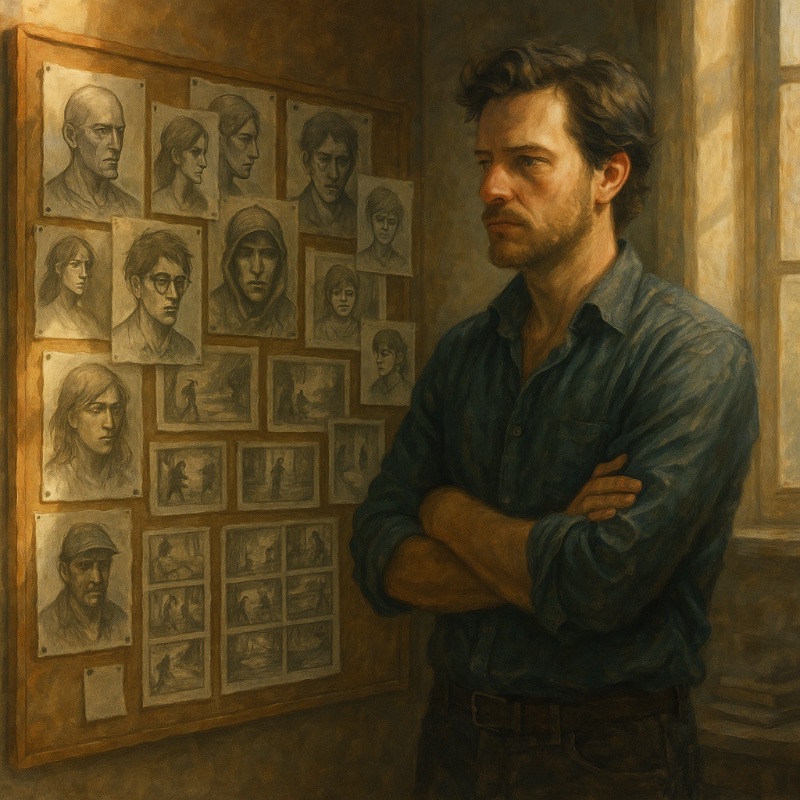 A stylized image of a male artist standing beside a corkboard covered with character sketches and thumbnails. Warm window light falls across the wall as he reflects on his creative work.