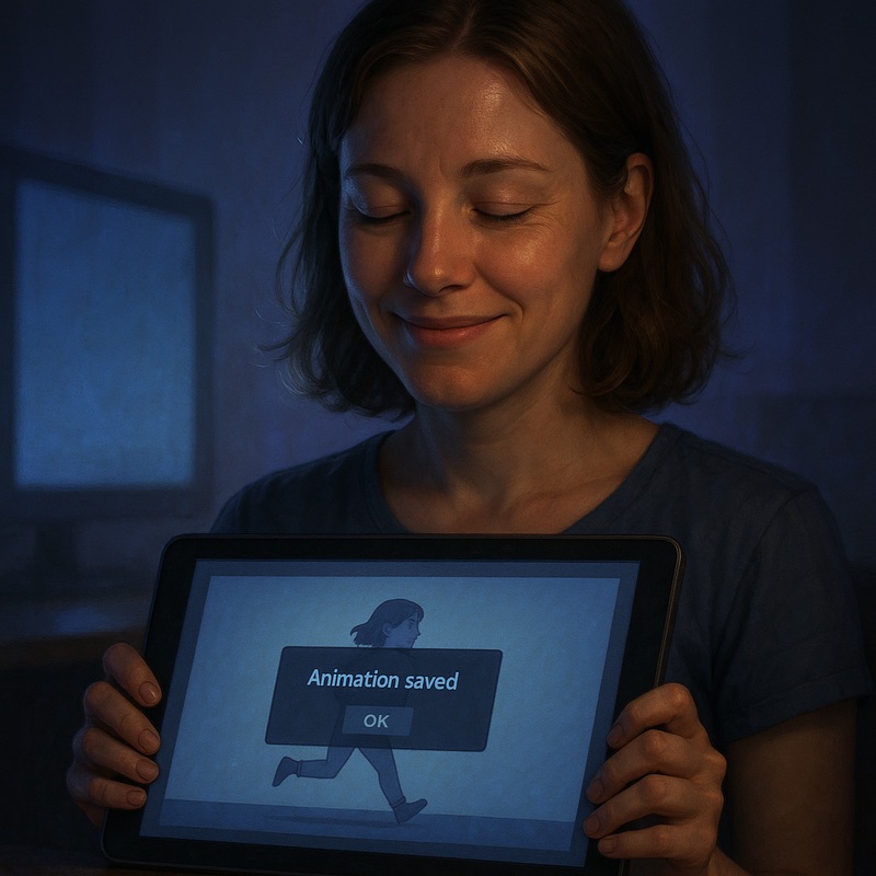 A woman smiling proudly at her tablet displaying a finished animation and a message that reads Animation saved, lit by a calm blue glow.