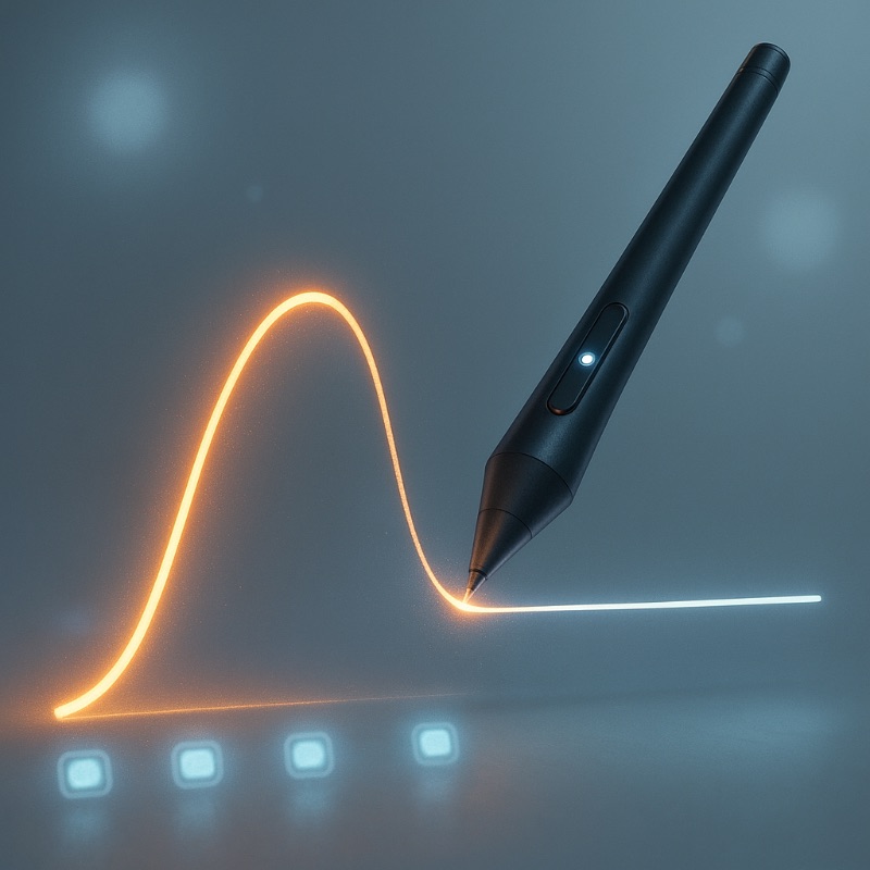 Black stylus pen drawing a glowing orange pressure curve midair, curve transforming into a straight animation line with illuminated tablet buttons below.