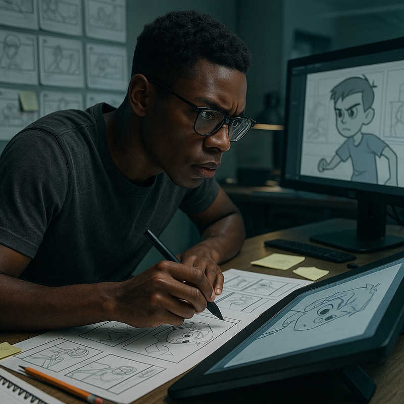 A focused Black male artist sits at a desk with a digital tablet and storyboard sketches. He draws a character frame while looking at an animation sequence on a nearby monitor.