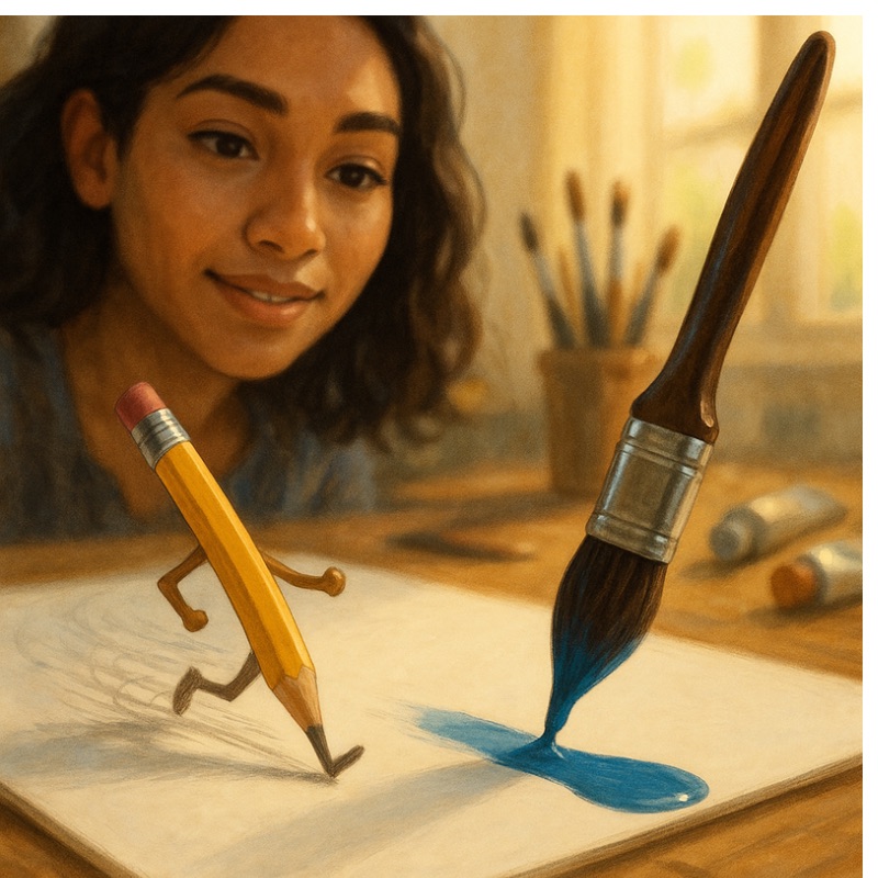 A Latina female artist smiles as a personified pencil and paintbrush move across her desk, one running and the other painting a blue stroke on paper.