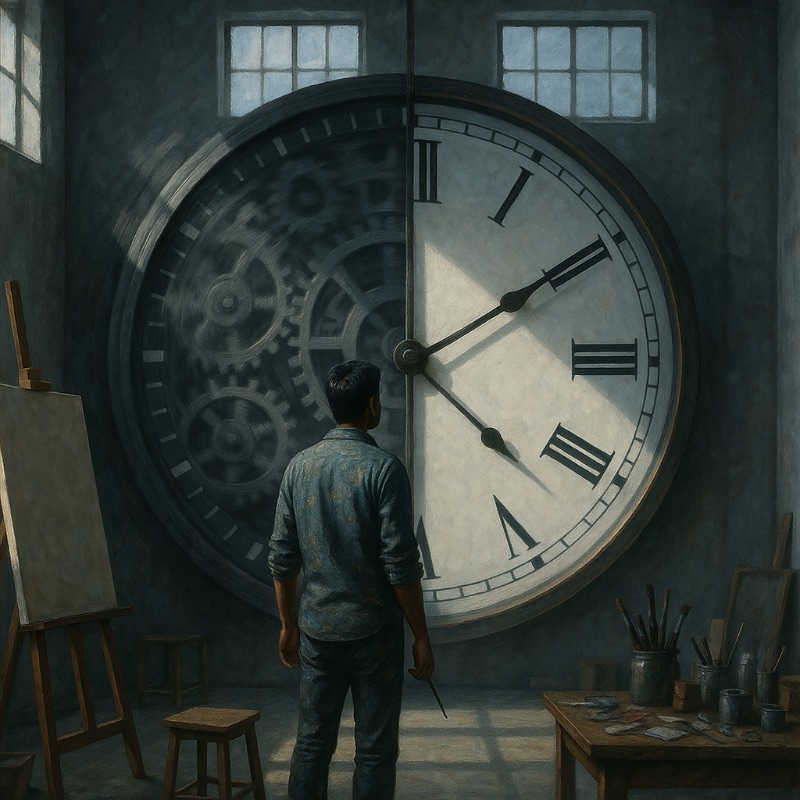 A South Asian male artist stands in a studio before a massive wall clock split in half—one side showing moving gears, the other side frozen in time.